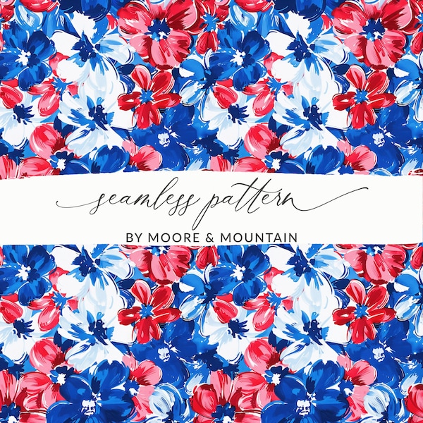 4th of July Seamless Pattern, Red White and Blue Flowers Background, July 4th Floral Pattern, Seamless Patriotic Floral USA Digital Paper