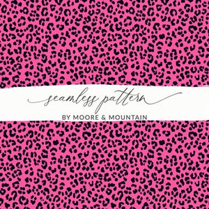 May include: A seamless pattern with a bright pink backdrop and black leopard print spots. The design includes the text "seamless pattern" and "BY MOORE & MOUNTAIN" on a white banner. Ideal for fabric or wallpaper, this pattern is eye-catching.