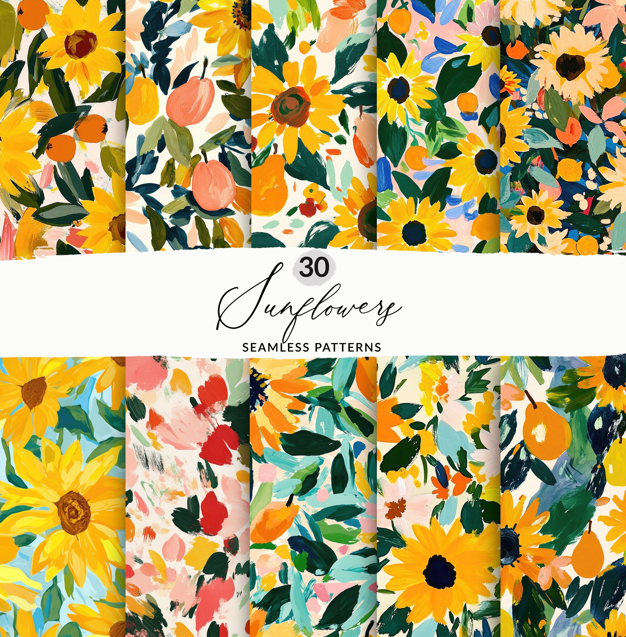 Sunflower Alpha Pattern 30 Painted Abstract Sunflowers Pattern Set, Seamless Painted Sunflowers ...