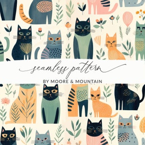 Peut inclure: Un motif sans couture représentant des chats colorés avec différents motifs et couleurs. Le fond est de couleur crème clair avec des feuilles vertes et des fleurs.