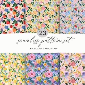 May include: A collection of six seamless floral patterns in various color palettes. The patterns feature roses, strawberries, and other flowers. The text "23 seamless pattern set" is displayed in the center, with "BY MOORE & MOUNTAIN" below.