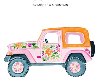 Preppy Malerischer Geländewagen, Handgemaltes Blumen Auto PNG Clipart, Gouache Stil Illustration, Aquarell Adrette Grafik, digitaler Download, Trendy