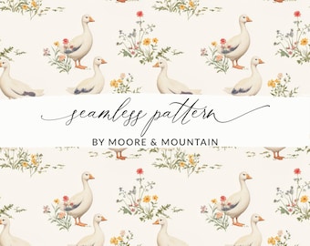 Patrón de fondo sin costuras de ganso estilo Cottagecore. Lindo patrón de granja de ganso. Imagen de patrón de ganso vintage de animal de granja. Patrón infinito.