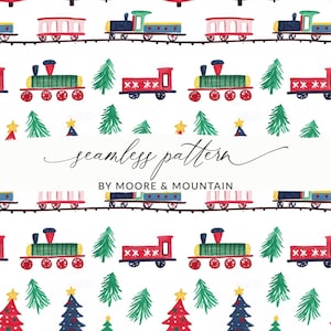 Peut inclure: Un motif sans couture avec des illustrations à l'aquarelle de trains, de sapins de Noël et d'étoiles sur fond blanc. Les trains sont rouges, verts et bleus, avec des wagons rouges et blancs. Le texte "seamless pattern" et "BY MOORE & MOUNTAIN" sont également visibles.
