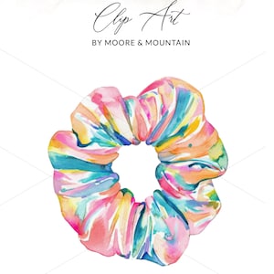 Könnte beinhalten: Ein Haargummi im Aquarellstil in Rosa, Blau, Gelb und Orange. Das Haargummi ist ein lebendiges Accessoire mit dem Text "Clip Art" und "By Moore & Mountain" in schwarzer Schrift. Das Bild enthält auch den Text "PNG + SVG" und "Instant Download + Commercial Use".