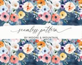 Bright Spring Watercolor Anemones Seamless Background for Textile Design Navy Watercolor Floral Background Popular Seamless Floral PNG