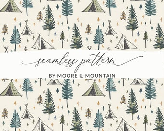 Seamless Camping Pattern, Camping Background, Camp Tent Seamless Pattern for Commercial Use, Boys Camping Pattern, Forest Camping Pine Trees