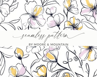 Seamless Sketched Flower Pattern, Line Art Floral Background, Black Handdrawn Flowers Pattern, Black Line Art Flowers Background Pattern