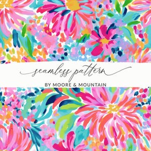 May include: A vibrant, seamless floral pattern in a watercolor style. The design features large, abstract flowers in shades of pink, orange, blue, and green against a white background. The text "seamless pattern" and "BY MOORE & MOUNTAIN" are displayed on a white banner.