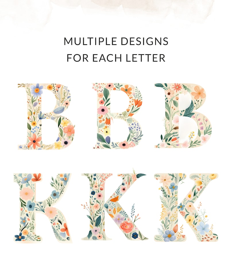 May include: Multiple designs for the letters B and K, each letter is made up of a variety of colorful flowers and leaves.
