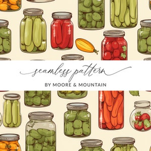 May include: A seamless pattern featuring various jars of preserved foods, including tomatoes, peppers, cucumbers, and green beans. The jars are drawn in a vintage style with a light beige background.