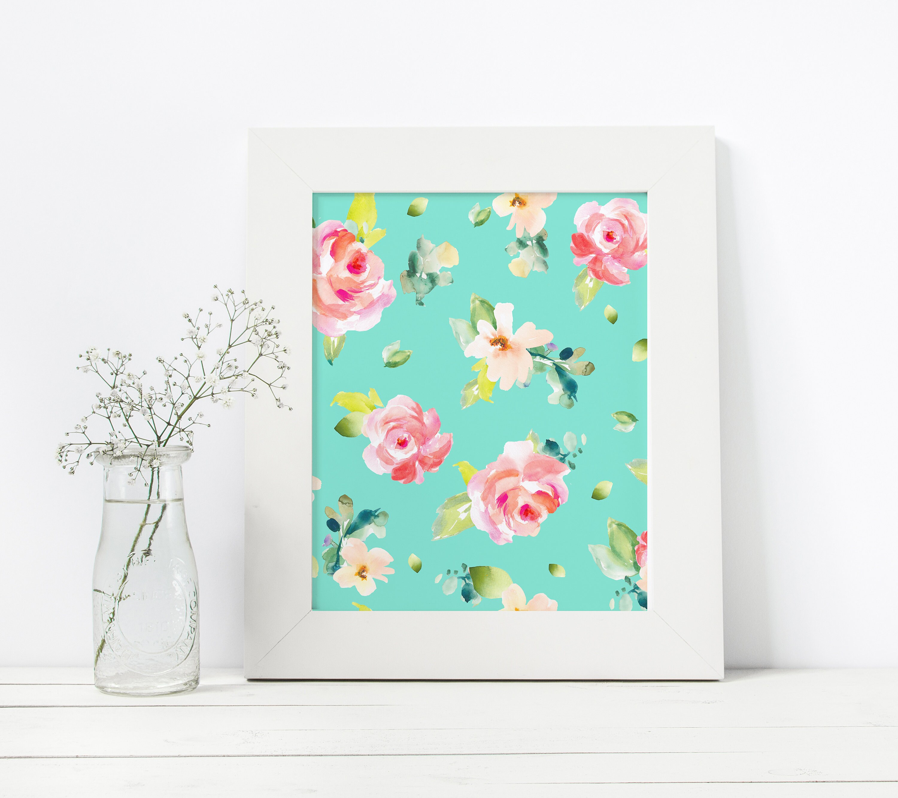 Pink and Mint Floral Pattern, Seamless Mint Green Flowers
