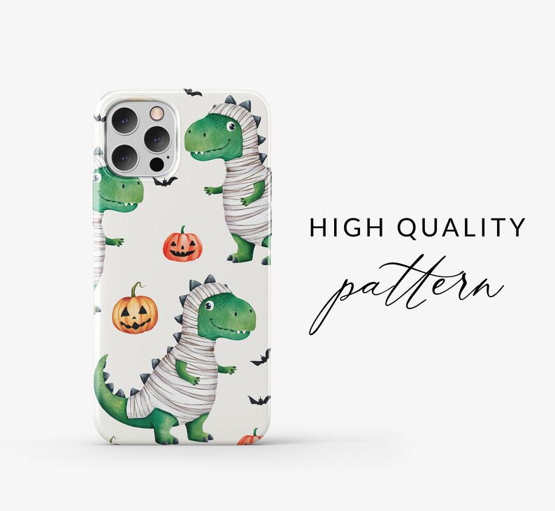 May include: A white iPhone case with a repeating pattern of green mummies, orange pumpkins, and black bats. The text "HIGH QUALITY pattern" is visible on the right side of the image.