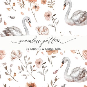 May include: Watercolor seamless pattern featuring swans, flowers, and foliage in soft peach, brown, and gray tones. The design includes roses, delicate branches, and the text "seamless pattern" by Moore & Mountain.