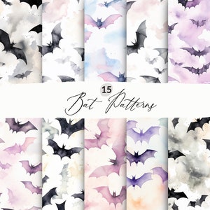 May include: 15 watercolour bat patterns in various colours, including pink, purple, blue, and grey. The bats are flying in different directions and are set against a white background.