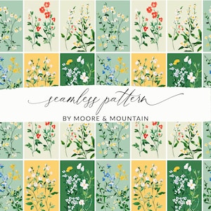May include: A seamless pattern design featuring floral arrangements in a grid layout. The flowers are in shades of red, white, yellow, and blue, set against a backdrop of green and yellow squares. The text "seamless pattern" and "BY MOORE & MOUNTAIN" are also visible.