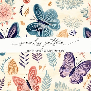 May include: A seamless pattern featuring watercolor butterflies in shades of blue, purple, and red, with stylized leaves and floral elements in shades of orange, brown, and blue on a cream background. The text "seamless pattern" and "by Moore & Mountain" is included in the design.