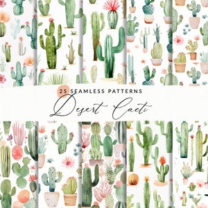 25 patrones de cactus en acuarela, patrones sin costuras del desierto, patrones de fondo sin costuras de cactus, conjunto de fondos de cactus, PNG para uso comercial