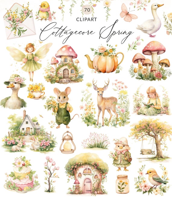 70 Spring Cottagecore Clipart Set, Watercolor Cottagecore Clipart Pastel Cottagecore PNG Images, Cottage Core Clipart Images