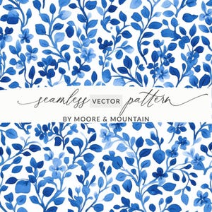 VEKTOR Blaues Florales Nahtloses Muster, Aquarell Blume Digitales Papier, Botanisches Rapportmuster, EPS, SVG-Dateien für Stoff, Scrapbooking