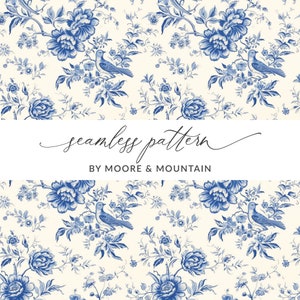 Patrón sin costuras de toile azul Fondo repetido de toile francés, patrón floral chino azul, patrón de flores elegante, pájaros y flores