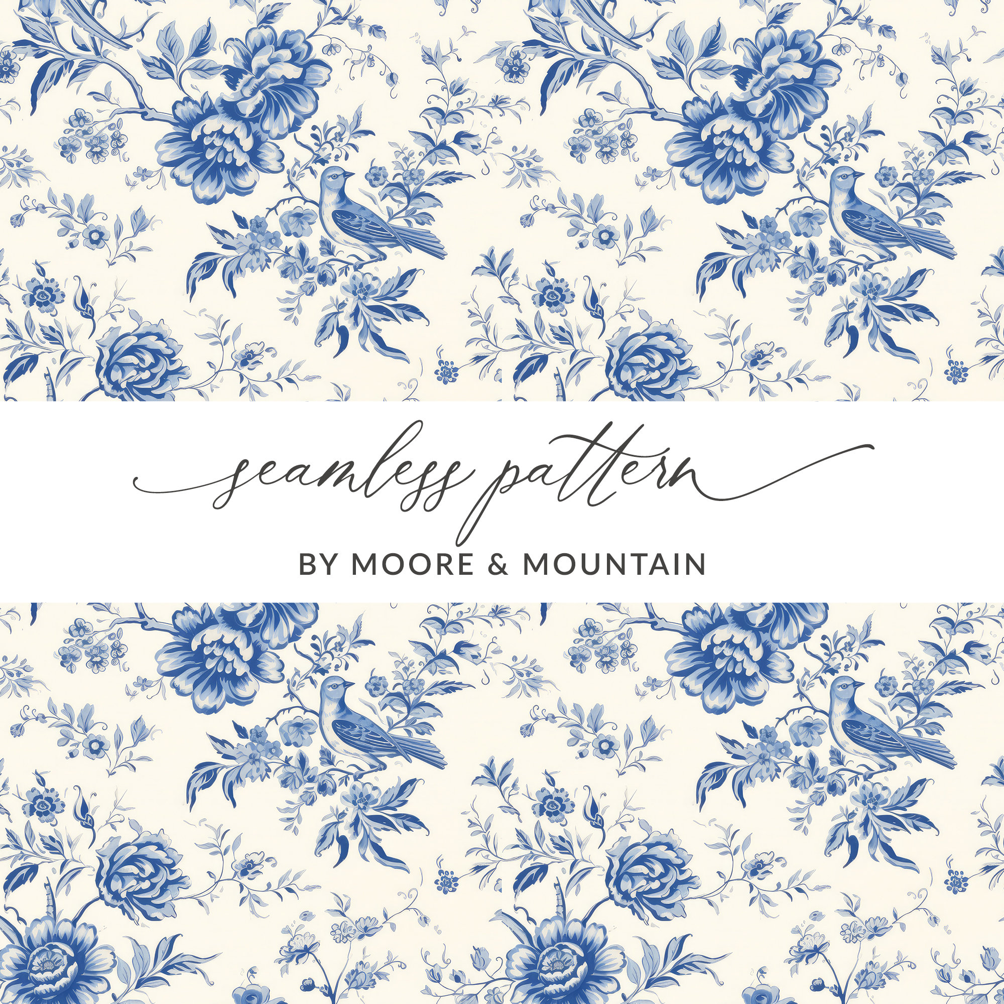 Blue Toile Seamless Pattern French Toile Repeating Background, Blue Chinese Floral Pattern, Elegant Flower Pattern, Bird and Flowers