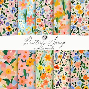 40 motifs floraux printaniers modernes, ensemble de motifs sans couture de fleurs printanières peintes, ensemble de motifs printaniers sans couture populaires, fond jonquille