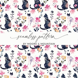 Patrón de fondo sin costuras de gato negro Gatos con flores, Fondo de pantalla de gatos Patrón de fondo Gatos extravagantes PNG