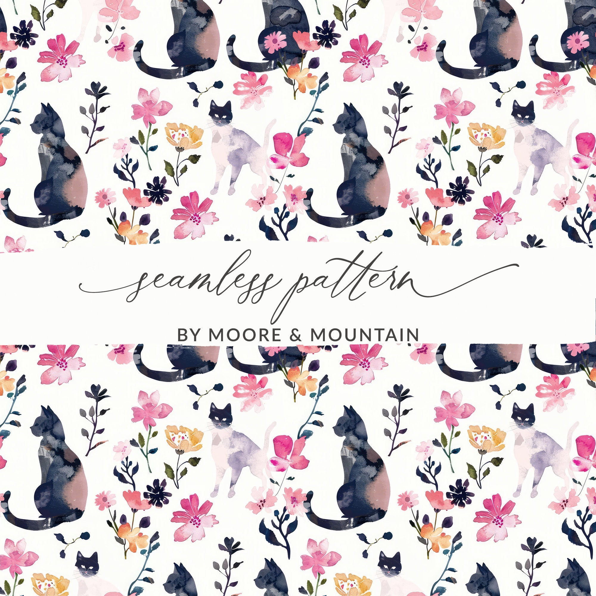 Black Cat Seamless Background Pattern Cats with Flowers, Cats Wallpaper Background Pattern Quirky Cats PNG