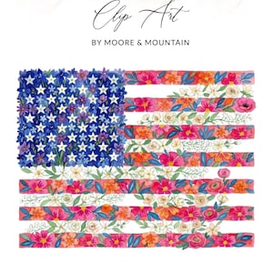 May include: A digital illustration of the American flag composed of colorful flowers. The blue canton features white stars amidst blue and purple blossoms. The stripes are formed by rows of red, pink, orange, and white flowers. Text reads Clip Art BY MOORE & MOUNTAIN.