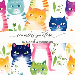 May include: A seamless pattern featuring colorful watercolor cats with striped tails. The cats are in various poses and have different expressions. The background is white with green leaves and dots.