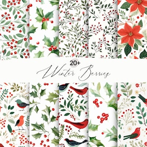 Watercolor Christmas Holly and Berries Seamless Patterns, Seamless Poinsettia Patterns, Christmas Foliage Pattern, Seamless Holly Berry