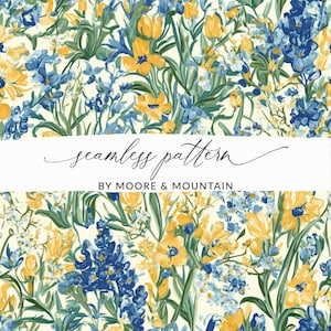 May include: A seamless pattern featuring yellow and blue flowers on a white background. The pattern is titled "seamless pattern by Moore & Mountain".