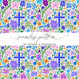 May include: A seamless pattern featuring a white background with a variety of colorful flowers and crosses. The flowers are in shades of pink, purple, blue, yellow, and orange. The crosses are blue and white. The text "seamless pattern by Moore & Mountain" is written in black at the bottom of the image.