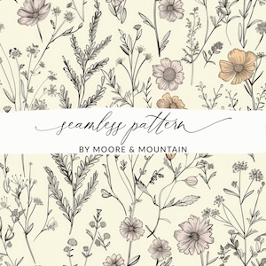 Boho Wildflower digitaal papier patroon, naadloos Boho Wildflower achtergrondpatroon voor commercieel gebruik, pastel geschetst bloemmotief