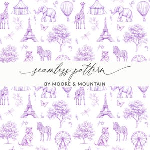 Könnte beinhalten: Ein nahtloses Muster in Lavendel mit Illustrationen von Giraffen, Elefanten, Heißluftballons, Zirkuszelten, dem Eiffelturm, Zebras, Tigern, Bäumen, Schmetterlingen, Libellen und Riesenrädern. Der Text "seamless pattern" und "BY MOORE & MOUNTAIN" sind ebenfalls enthalten.