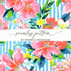 May include: A seamless pattern featuring pink, red, and yellow flowers on a blue and white striped background. The text "seamless pattern by Moore & Mountain" is displayed on a white banner.