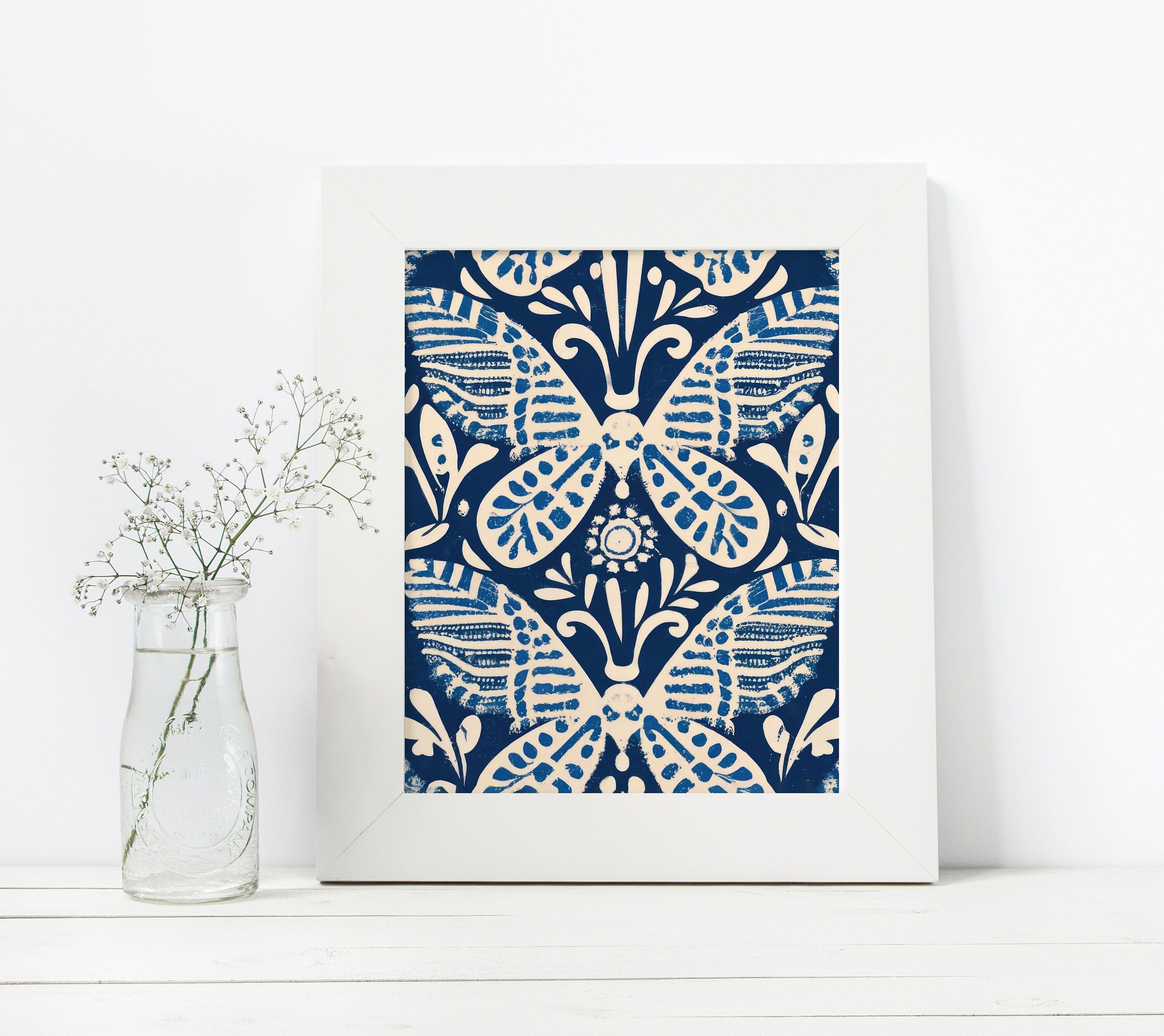 Modern Moths Seamless Pattern, Blue Butterfly Block Printed Pattern ...