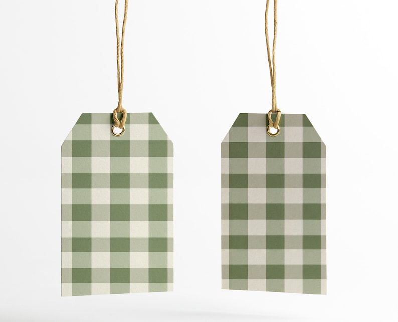 May include: Two green and white gingham gift tags with gold eyelets and twine.