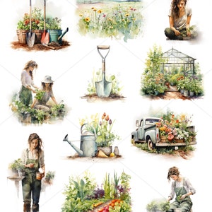 May include: A watercolor illustration of a garden scene with people gardening, flowers, a greenhouse, a truck, and gardening tools.