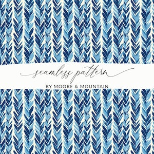 May include: Seamless pattern design featuring a repeating pattern of blue brushstrokes on a cream background. The text "seamless pattern" is displayed in a cursive font, with "BY MOORE & MOUNTAIN" below it.