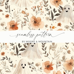 May include: A seamless pattern featuring watercolor illustrations of ghosts, flowers, and foliage in shades of beige, brown, and orange. The text "seamless pattern" and "BY MOORE & MOUNTAIN" are also included.