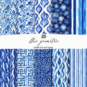 以下が含まれることがあります： 25種類の青い幾何学模様のシームレスパターン。パターンには、青と白の色合いの花柄、鳥柄、抽象的なデザインが含まれています。「blue geometric」と「seamless patterns」の文字が表示されています。