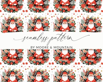 Floral Santa Christmas Digital Paper, Seamless Pattern (Digital Download)