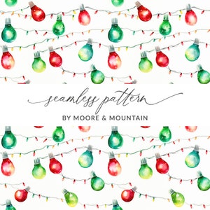Seamless Christmas Lights Pattern, Seamless String of Christmas Lights Seamless Background Pattern, Watercolor Christmas Lights Seamless