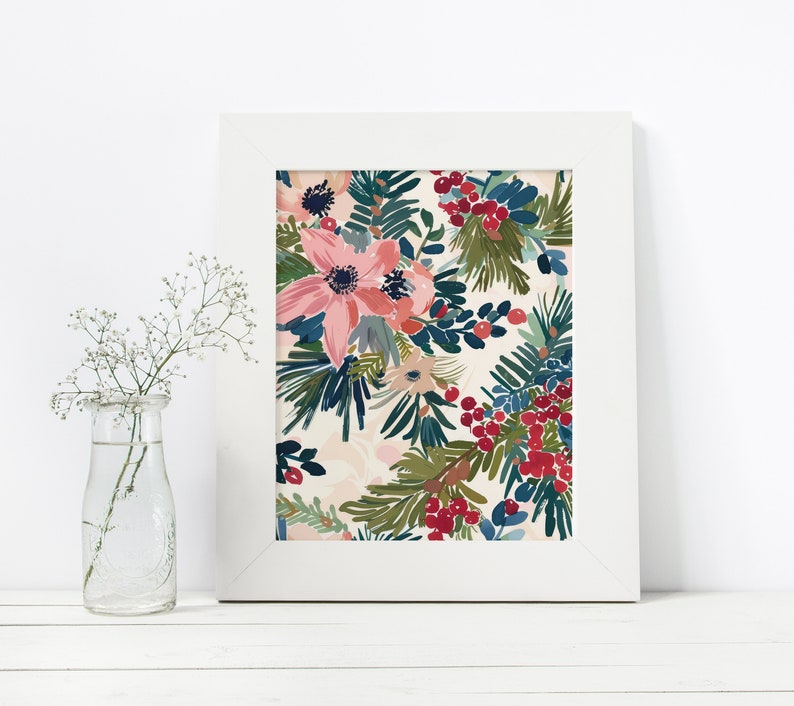 May include: A white framed print featuring a floral pattern with pink, red, and blue flowers and berries on a cream background.