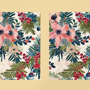 May include: A seamless pattern featuring pink flowers, green leaves, and red berries on a white background. The design is perfect for wrapping paper, fabric, or wallpaper.