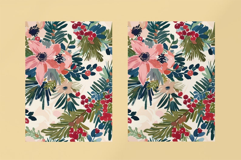 May include: A seamless pattern featuring pink flowers, green leaves, and red berries on a white background. The design is perfect for wrapping paper, fabric, or wallpaper.