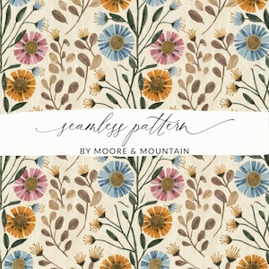 Seamless Cottagecore Floral PNG, Vintage 70s Floral Pattern, 1970s Floral Wallpaper Digital File, Earth Tones Floral Background Pattern