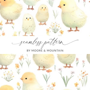 May include: A seamless pattern featuring yellow chicks and small yellow flowers on a white background. The text "seamless pattern by Moore & Mountain" is centered at the bottom of the image.